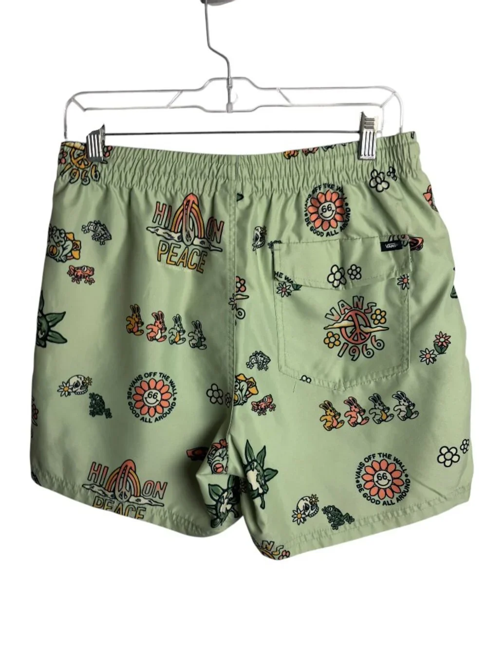 Van's Men's Size S Mixed Volley Swim Tunk Board Shorts Green Hippie Frogs Beach